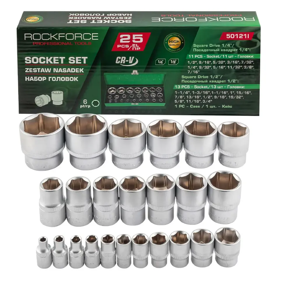 Головки 1/4", 1/2", набор 25пр. RockFORCE RF-50121I