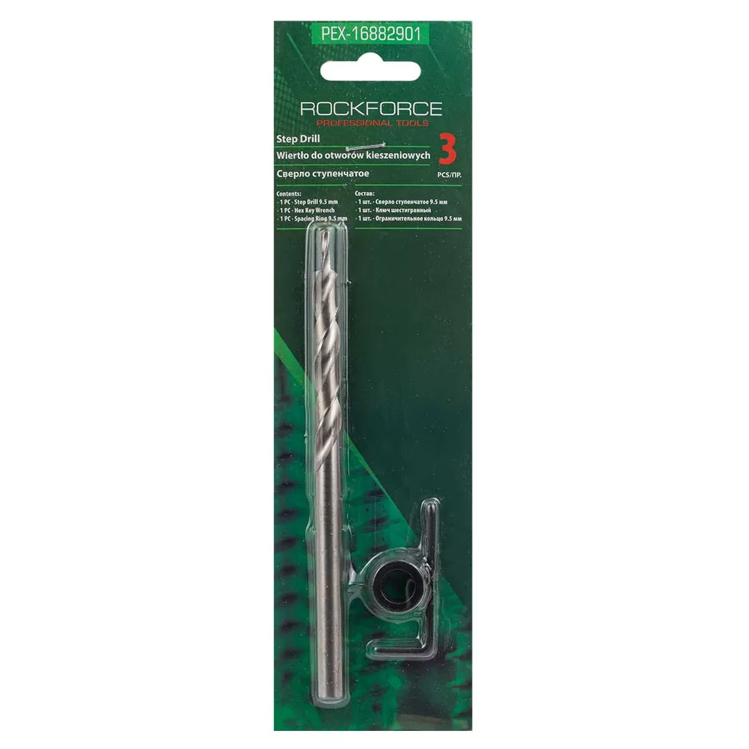 Сверло ступенчатое по дереву в комплекте с ключом 6-гранным и ограничительным кольцом 9.5мм RockFORC...Rock FORCE RF-PEX-16882901