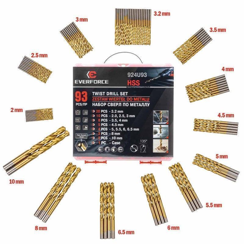 Сверла по металлу, набор 93пр. 2-10мм  EVERFORCE EF-924U93