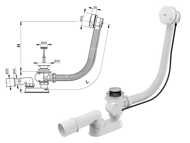 Сифон для ванны автомат комплект, белый (длина 80 см)  Alcaplast A51B