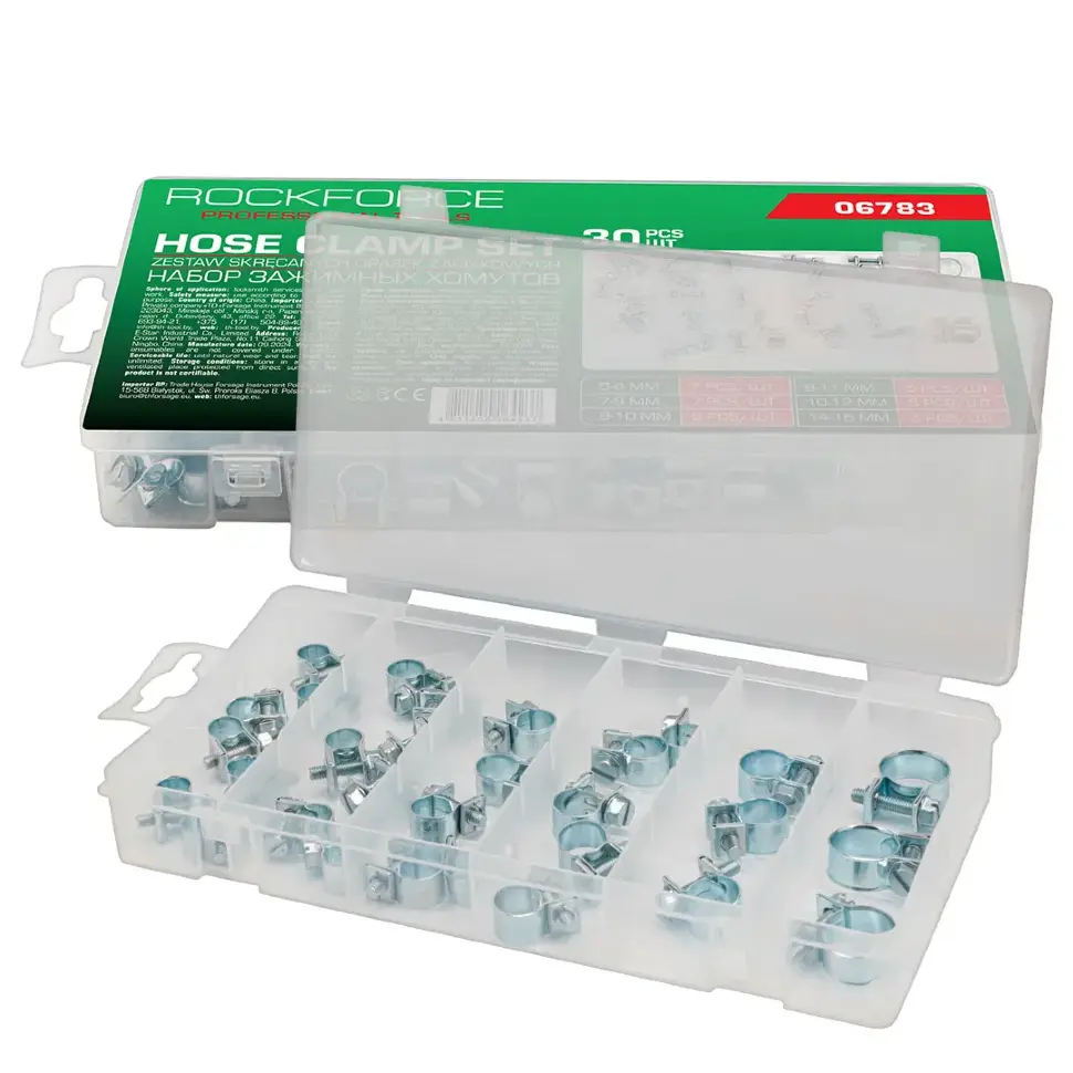 Хомуты зажимные червячные металлические, набор 30пр. RockFORCE RF-06783