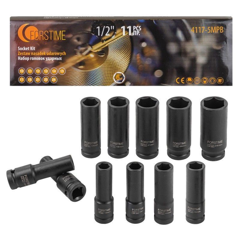 Набор головок ударных глубоких 11пр., 1/2'' 6-гр. (10-24мм) FORSTIME FT-4117-5MPB
