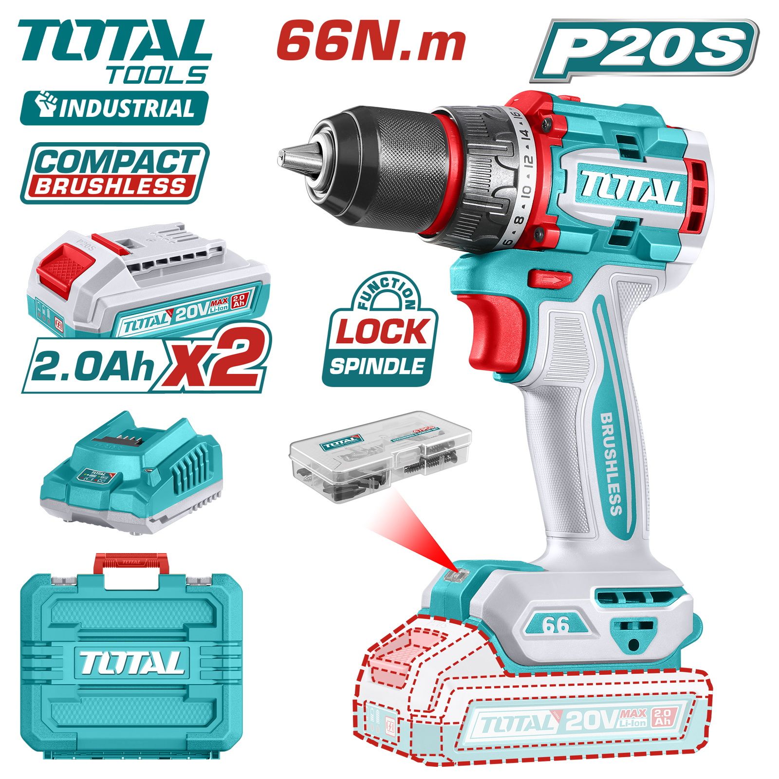 Дрель-шуруповерт, 20В, 2АКБ 2,0 А/ч, 2000 об.мин, 66 Нм,  TOTAL TDLI20668