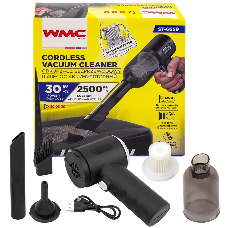 Пылесос портативный аккумуляторный (3,7В,1200мА/ч) 30Вт, контейнер 0,45л WMC TOOLS WMC-ST-6659