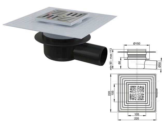 Сливной трап 105х105/50, подводка - боковая, решетка - нержавеющая сталь, гидрозатвор - сухой Alcaplast APV26C Сливной трап 105х105/50, подводка - боковая, решетка - нержавеющая сталь, гидрозатвор - сухой Alcaplast APV26C