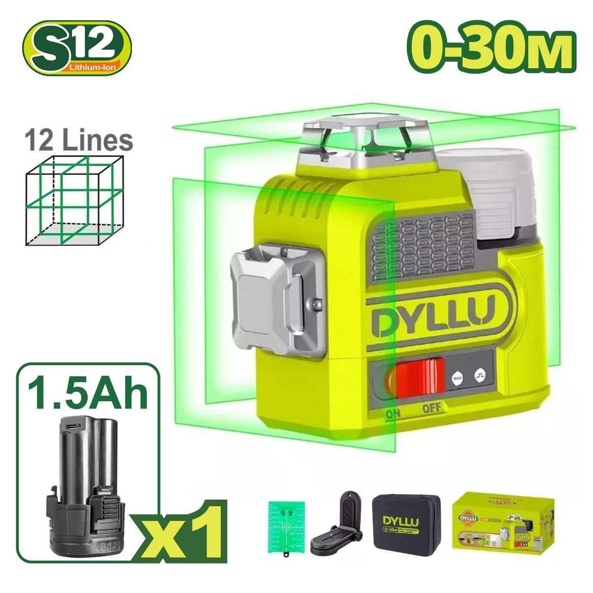 Уровень лазерный самовыравнивающийся, 12В, 1АКБ 1,5 А/ч,   DYLLU DTLE8M12