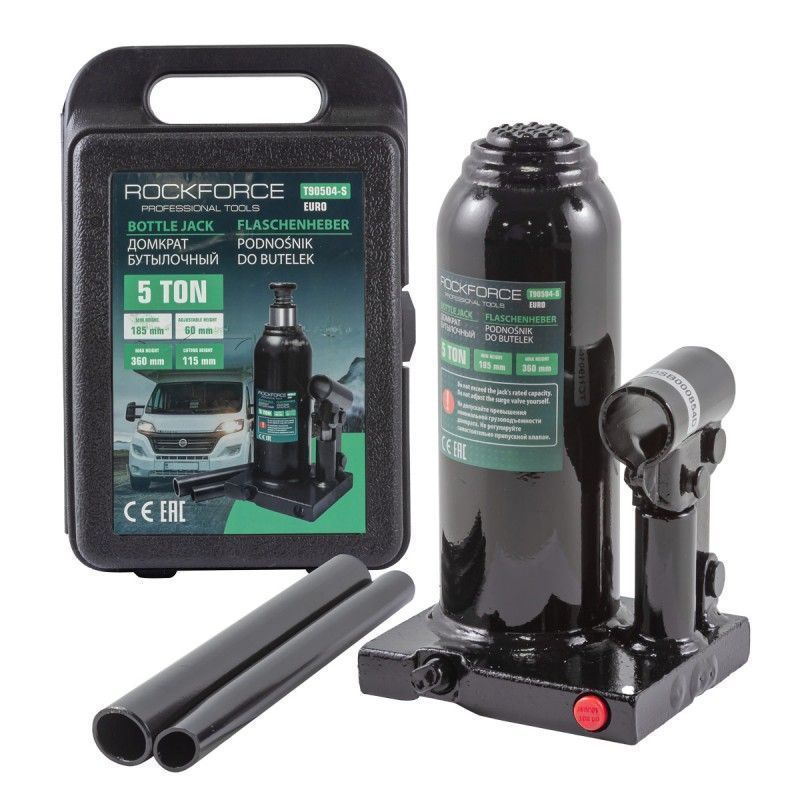 Домкрат бутылочный 5т с клапаном (h min 185мм, h max 360мм) в кейсе Rock FORCE RF-T90504-S(Euro)