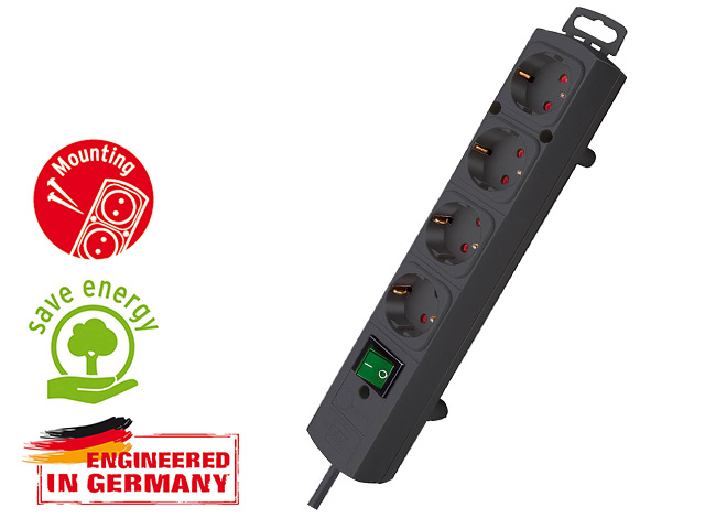 Удлинитель 2м (4 роз., 3.3кВт, с/з, выкл., ПВС) черный  Comfort-Line (провод 3х1.5mm2, сила тока 16А, с/з) BRENNENSTUHL 1153100