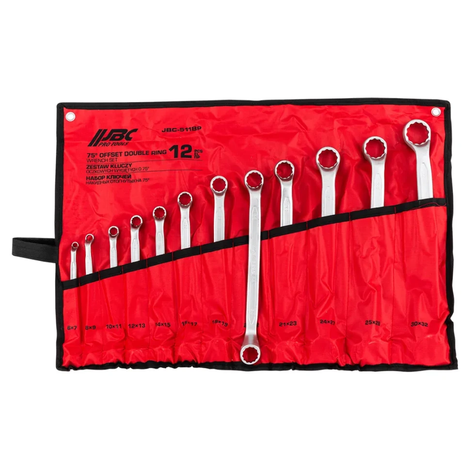 Ключи накидные отогнутые на 75град., набор 12пр. (6х7, 8х9, 10х11, 12х13, 14х15, 16х17, 18х19, 20х22, 21х23, 24х27, 25х28, 30х32мм) JBC JBC-5118P