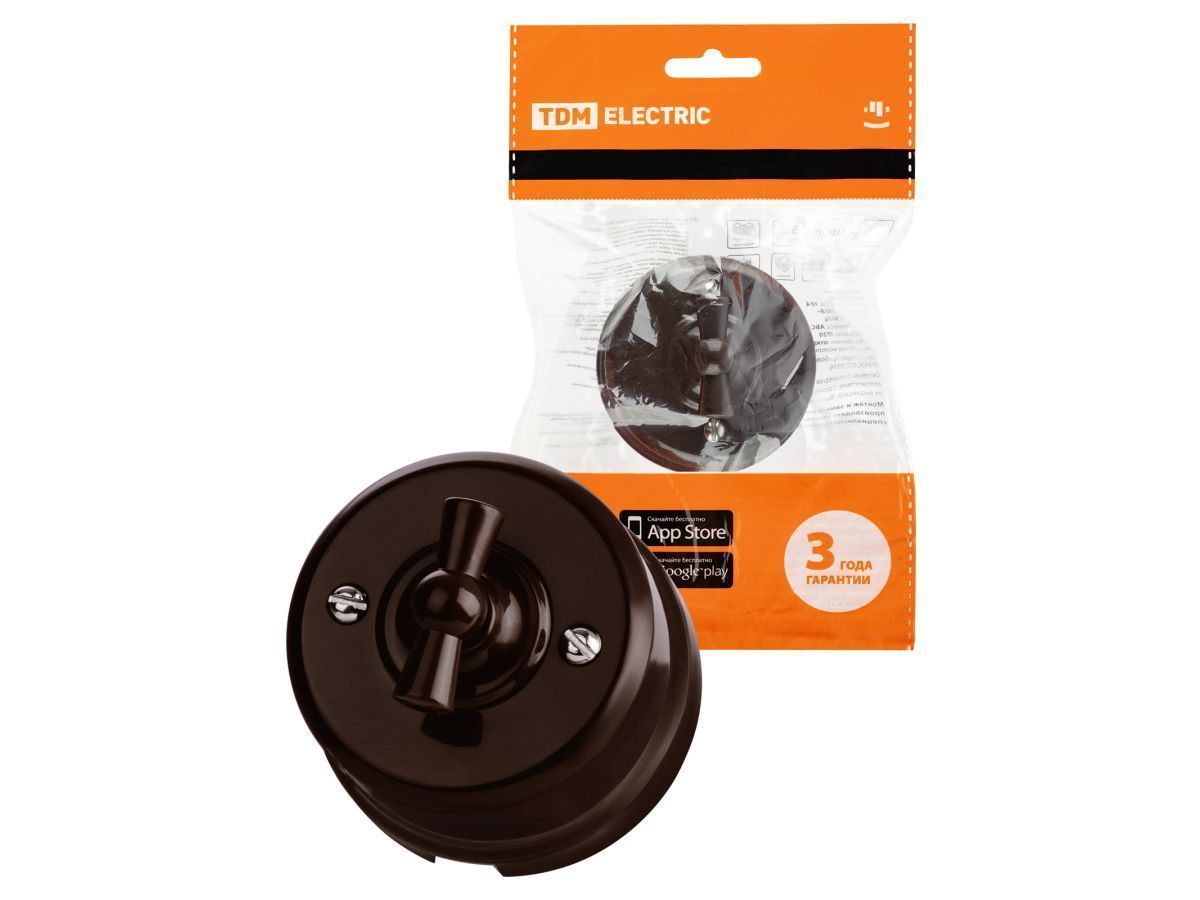 Выключатель поворотный проходной (открытый, 10А) коричневый, Ретро, «Виви» (с ручкой (бантик)) TDM SQ1820-1405