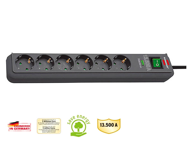 Удлинитель/фильтр сетевой 1.5м, 6 розеток, 3.3кВт, 3х1.5mm2, Eco-Line BRENNENSTUHL 1159710