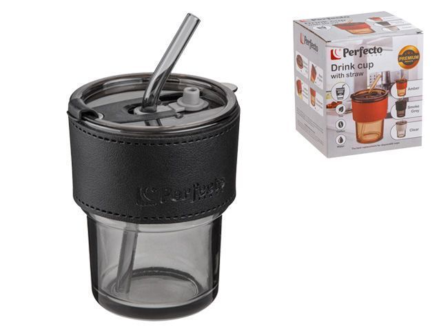 Стакан стеклянный для напитков с трубочкой и кожаным кейсом, 400 мл, Smoke Grey  ...PERFECTO LINEA 31-400101