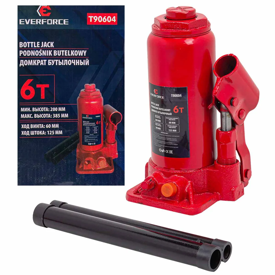 Домкрат бутылочный 6т (h min 200мм, h max 385мм) EVERFORCE EF-T90604