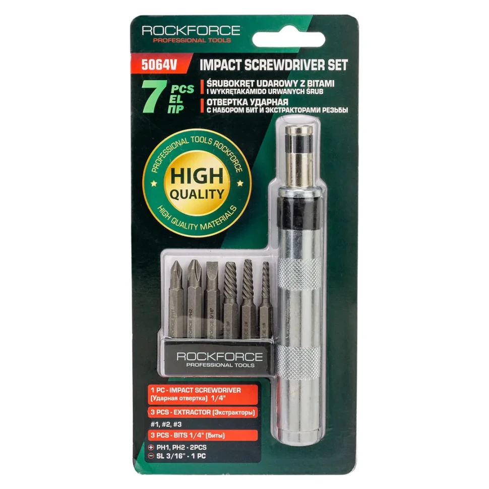 Отвертка ударная с набором бит и экстракторами резьбы 7пр. RockFORCE ...Rock FORCE RF-5064V