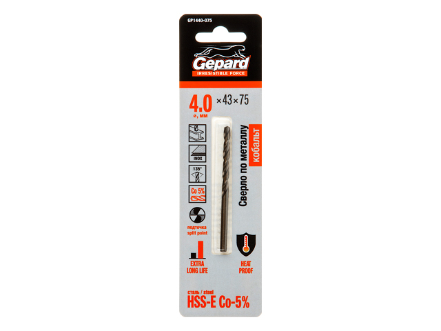 Сверло по металлу ц/x 4.0x43x75 mm HSS-Co GEPARD GP1440-075
