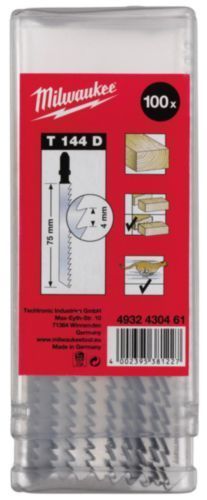 Пилка к лобзику T144D (100 шт в футляре / HCS / 75 мм / дерево) MILWAUKEE 4932430461