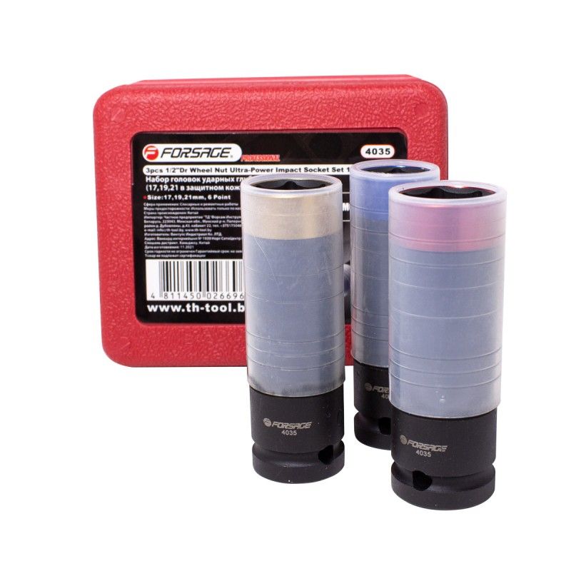 Головки ударные глубокие тонкостенные, набор 3пр., 1/2" 6гр. (17-21мм) Forsage F-4035