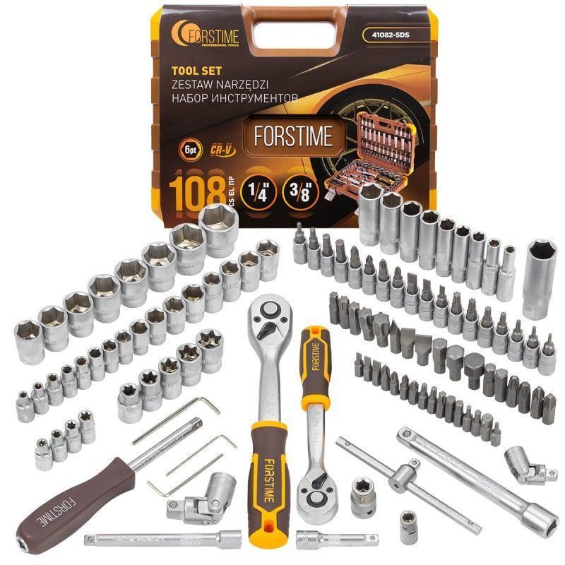 Набор инструментов в пластиковом кейсе (108 предметов) 1/4".3/8" FORSTIME FT-41082-5DS
