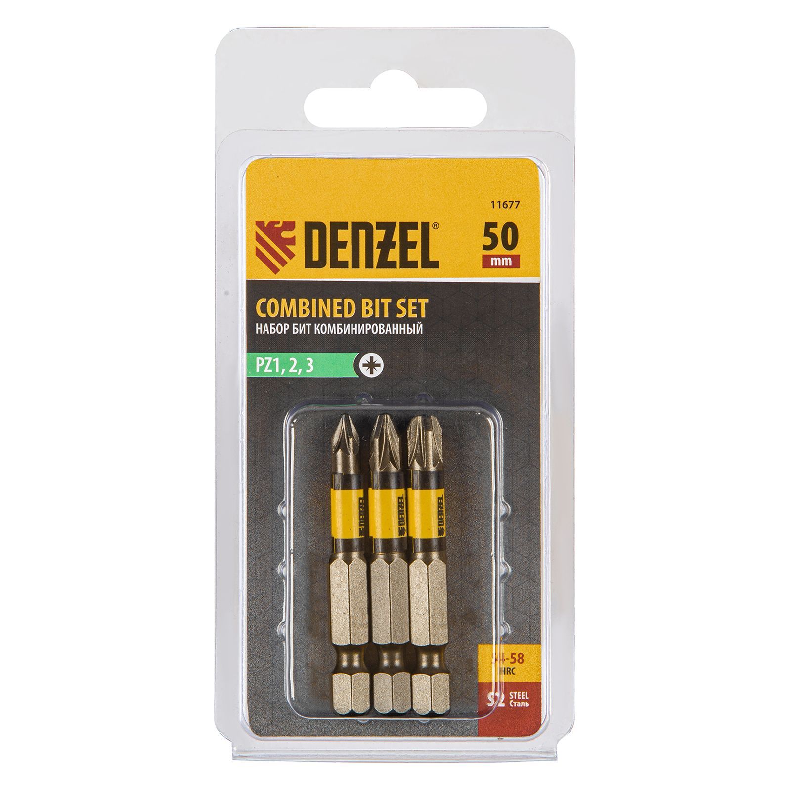 Набор бит комбинированный 3 шт., PZ1, PZ2, PZ3, 50 mm, сталь S2 DENZEL 11677