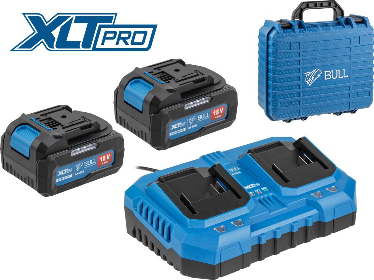 Набор аккумулятор 2х4 А*ч и зарядное устройство 2х4 А BULL XLTpro в чем. SET (18 В, 2x4 А*ч, Li-ion, З/У 2 слота, 2х4 А) BULL 2329062