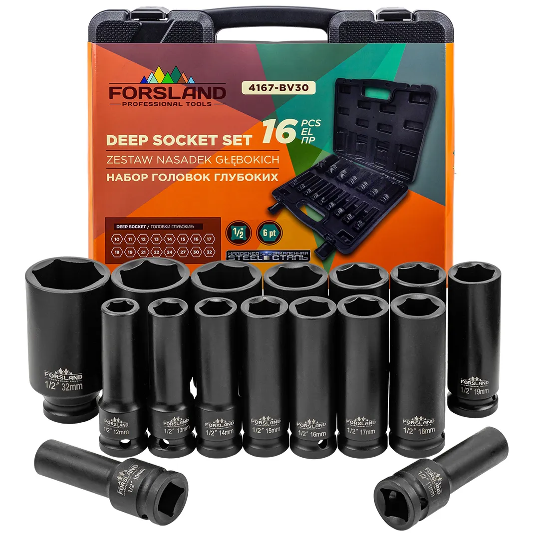 Головки глубокие 1/2'', набор 16пр. (6гр.) Forsland Forsland-4167-BV30