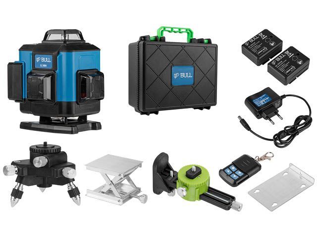 Нивелир лазерный  LL 3404 в кор. (проекция: 4 плоскости 360°. до 60 м. +/- 0.3 mm/м. резьба 1/4". зеленый луч) BULL 323146