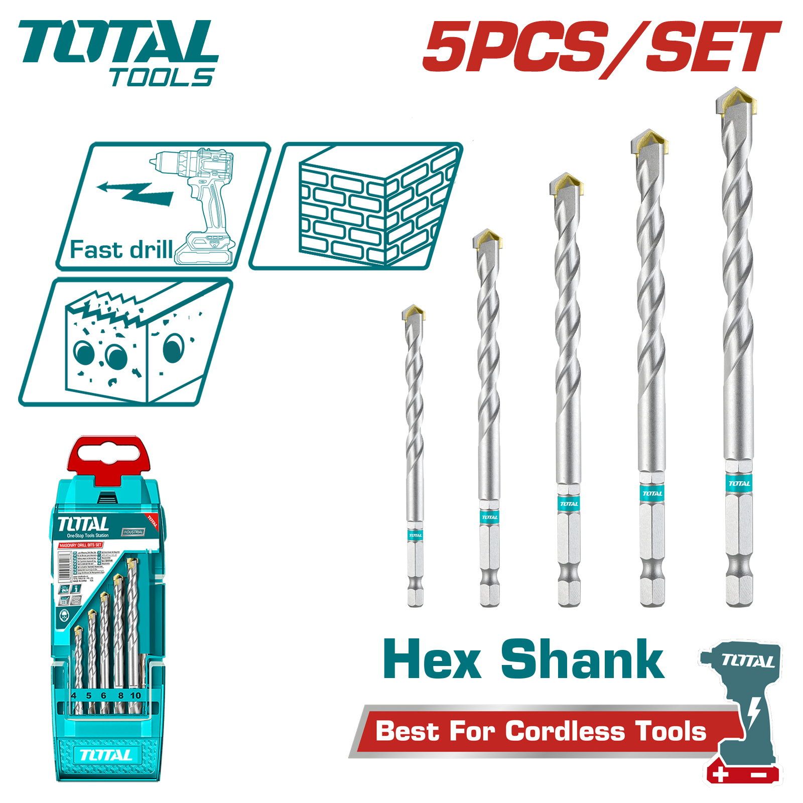 Набор сверл по бетону шестигранным хвостовиком TOTAL TACSD6055 (5 шт)