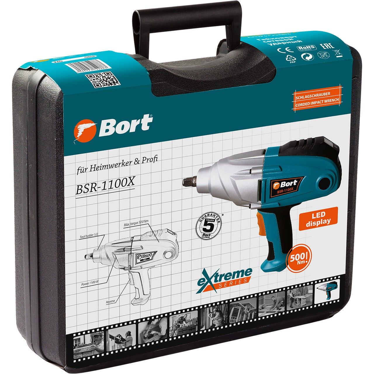 Гайковерт сетевой 1100Вт, 1/2", 500Нм, 0-2200об\мин, Bort BSR-1100X