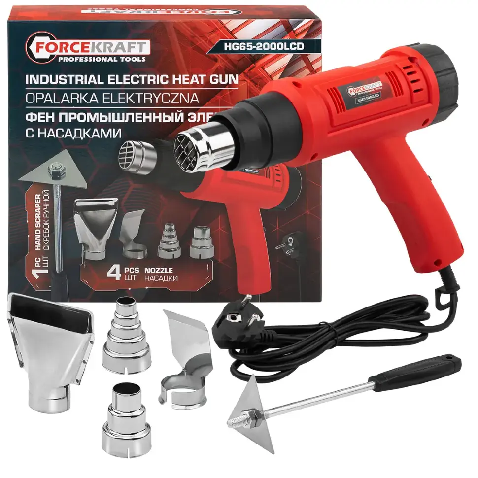 Фен промышленный электрический с насадками 2000Вт  FORCEKRAFT FK-HG65-2000LCD
