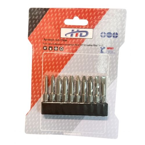 Биты крестообразные и шлицевые 50мм 1/4" S2 (набор 10пр)  H-D HD-77896