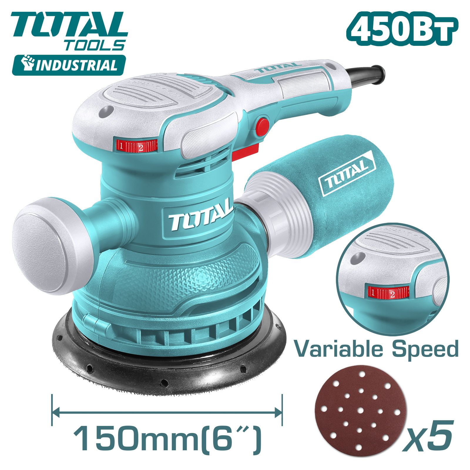 Эксцентриковая шлифмашина, 220V, 150мм, 450Вт, 6000-12000 об/мин,  TOTAL TF2061506