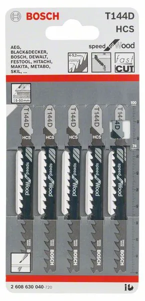 Пилка для лобзика T144D Speed for Wood (5 шт) BOSCH 2.608.630.040
