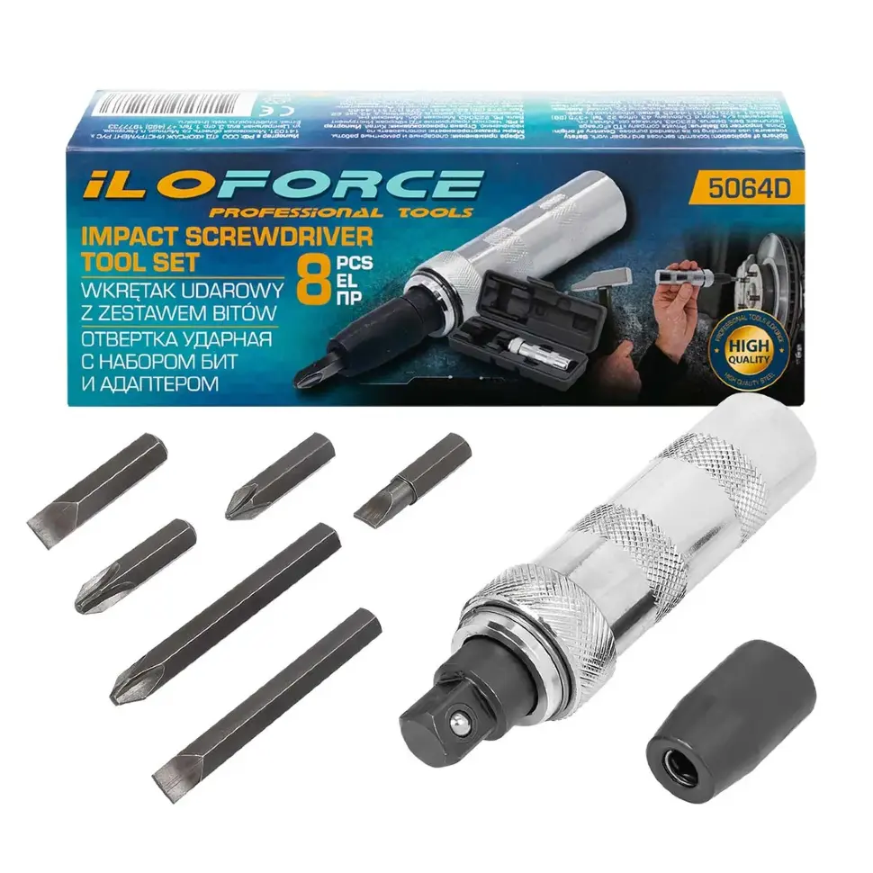 Отвертка ударная с набором бит и адаптером 8пр.  ILOforce IF-5064D