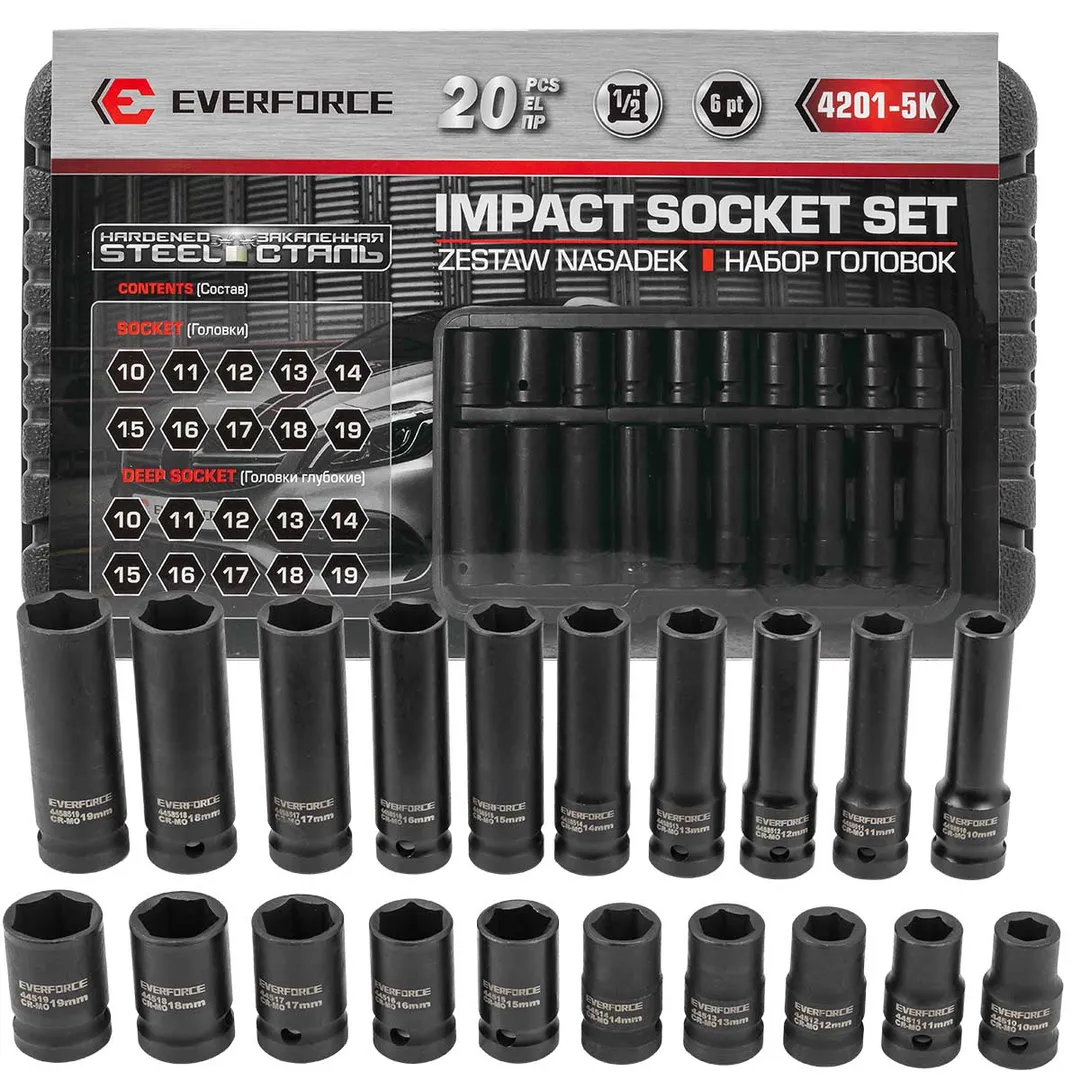Головки, набор 20пр., 1/2" (6гр.) EVERFORCE EF-4201-5K