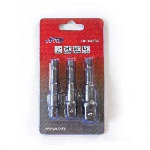Переходник для шуруповерта с 1/4" HEX на квадрат 1/4", 3/8", 1/2", длина 65 и 70 мм, набор 3 пр. H-D HD-04685