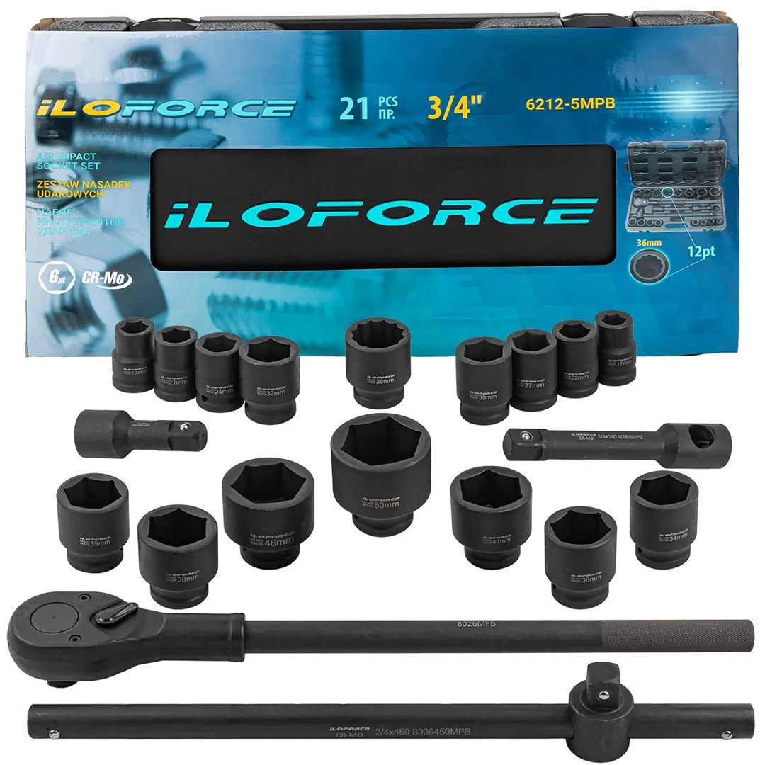 Набор инструментов ударных 21пр., 3/4" 6гр. (17-50мм) ILOforce IF-6212-5MPB