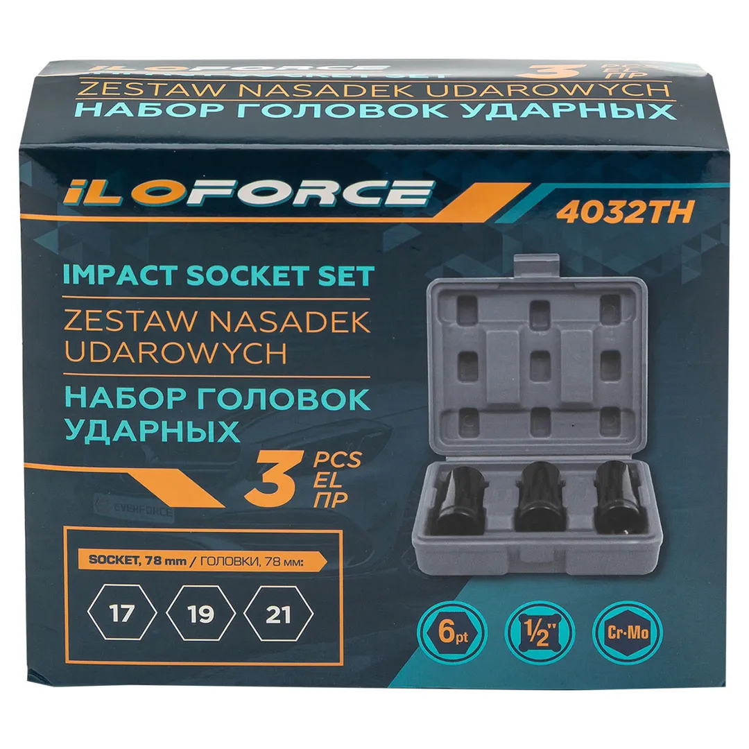 Головки ударные, набор 3пр., 1/2" (17, 19, 21мм, 6гр.) ILOforce IF-4032TH