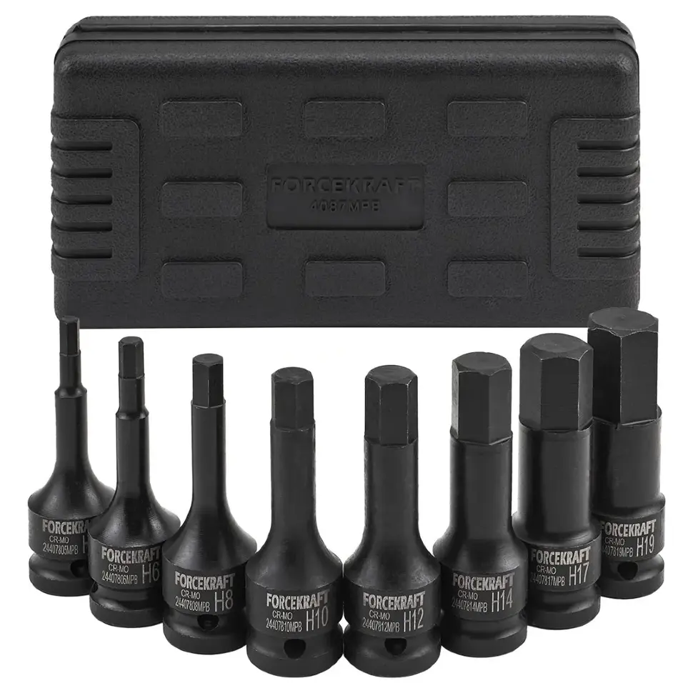Набор головок-бит 6-гранных ударных 8пр.,1/2"(H5, H6, H8, H10, H12, H14, H17, H19), в кейсе FORCEKRAFT FK-4087MPB