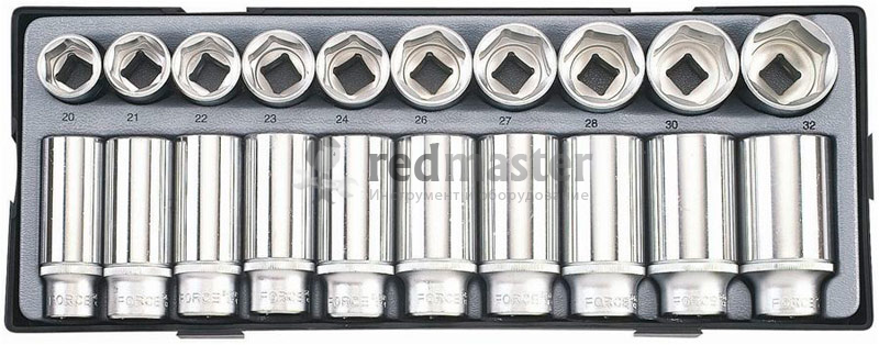 Набор головок короткие+глубокие 1/2", 20-32мм, 20пр. 6-гр. в лотке Force T4203