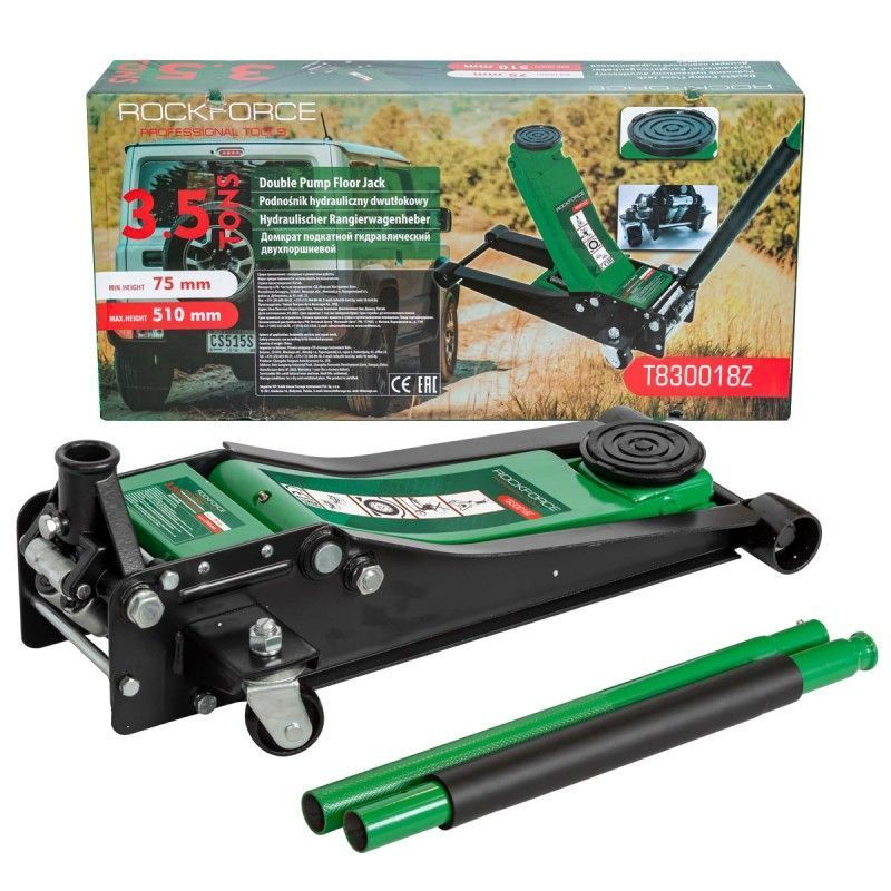 Домкрат подкатной гидравлический 3.5т (h min 75мм, h max 510мм) низкопрофильный двухпоршневой с резиновой накладкой Rock FORCE RF-T830018Z