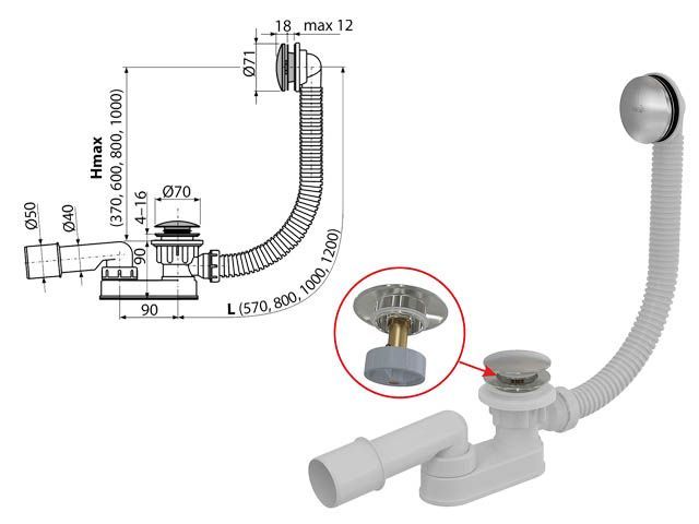 Сифон для ванны click/clack металл  Alcaplast A507CKM