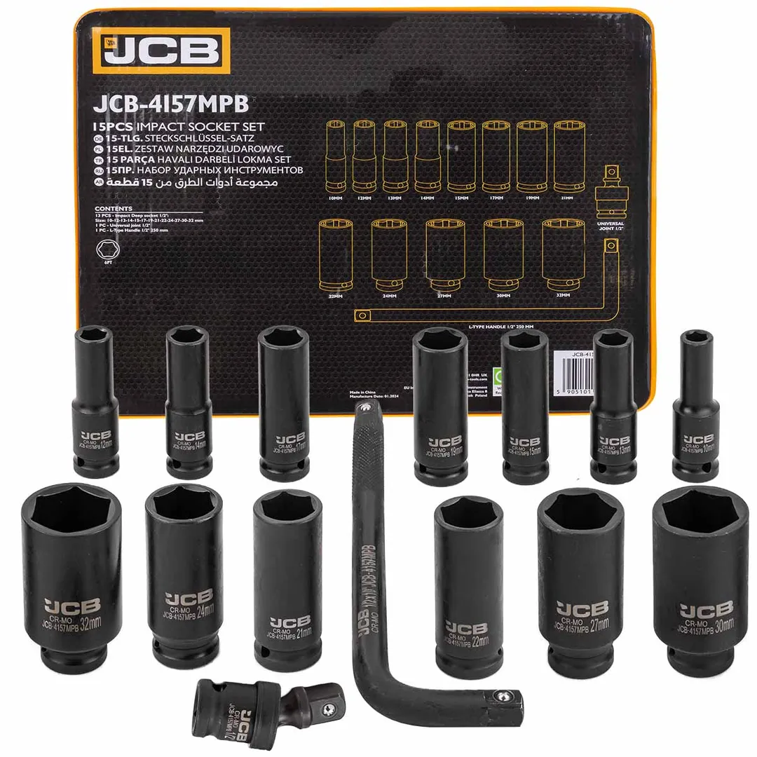 Головки ударные глубокие, набор 15пр., 1/2" 10-32мм (6гр.) JCB JCB-4157MPB