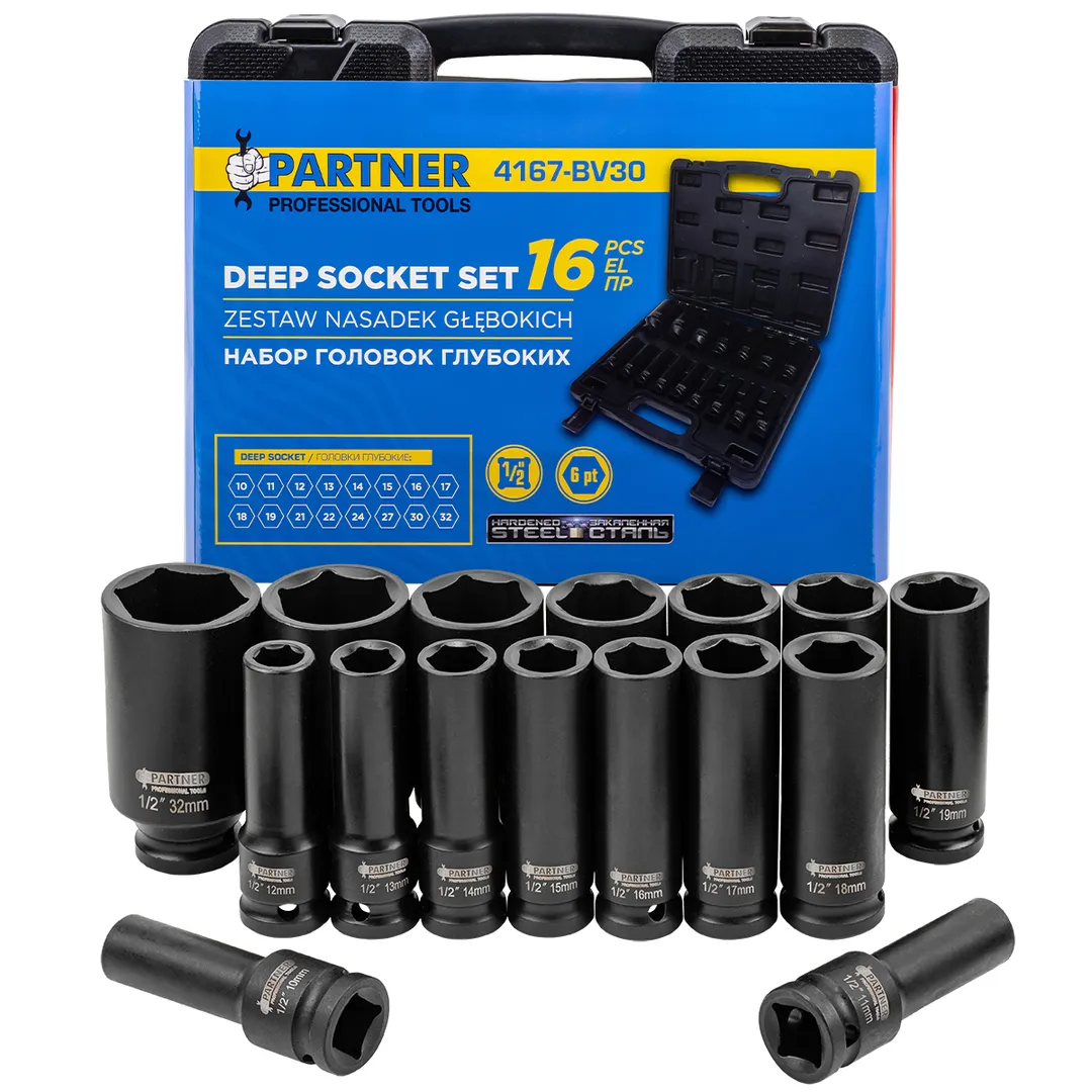 Головки глубокие 1/2'', набор 16пр. (6гр.)  Partner PA-4167-BV30