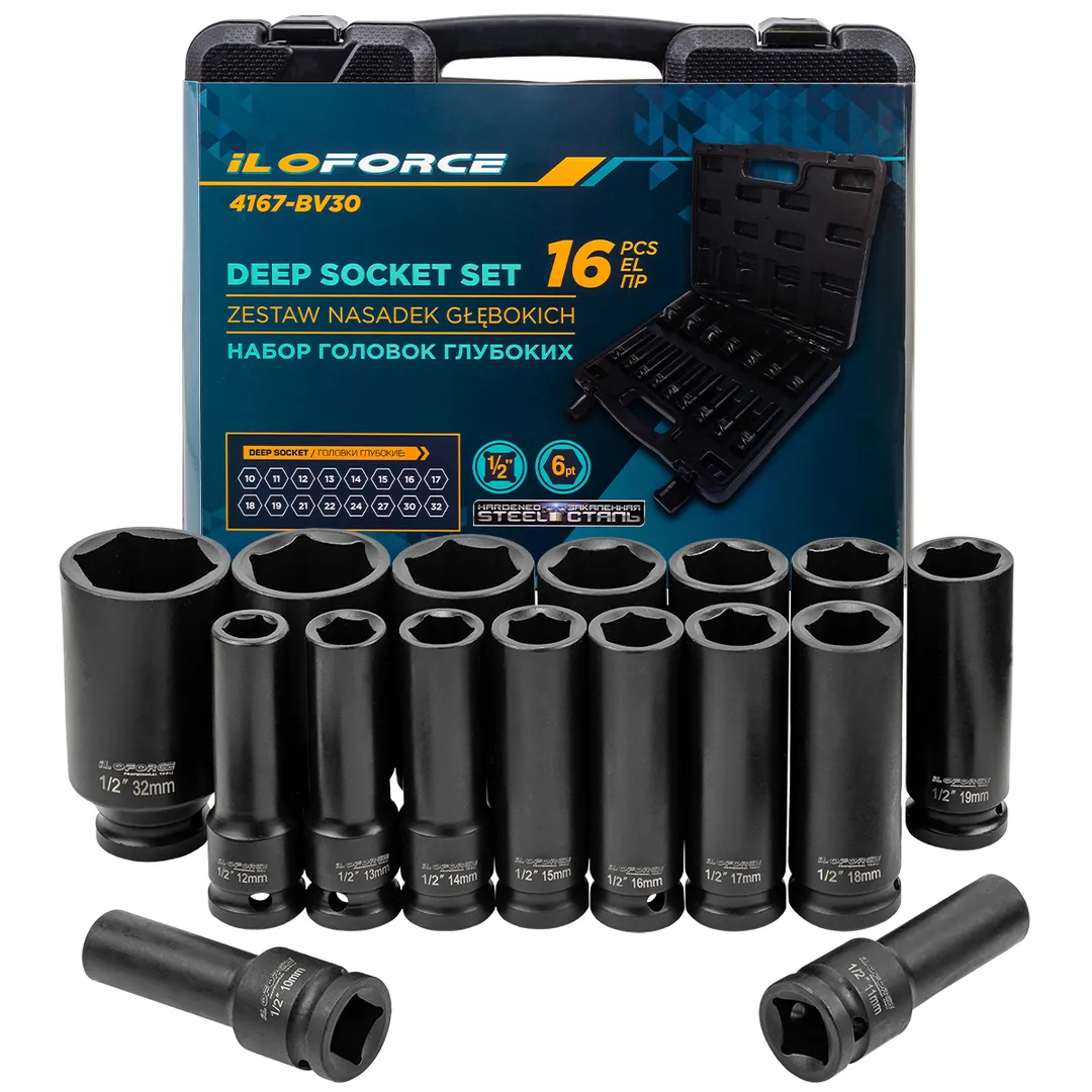 Головки глубокие 1/2'', набор 16пр. (6гр.)  ILOforce IF-4167-BV30