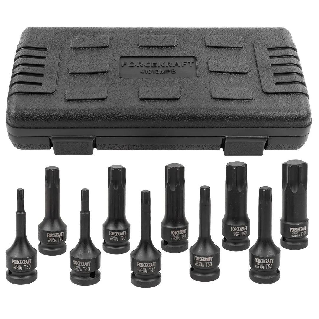 Набор головок-бит TORX ударных 10пр.,1/2"(T30, T40, T45, T50, T55, T60, T70, T80, T90, T100), в кейсе FORCEKRAFT FK-41013MPB