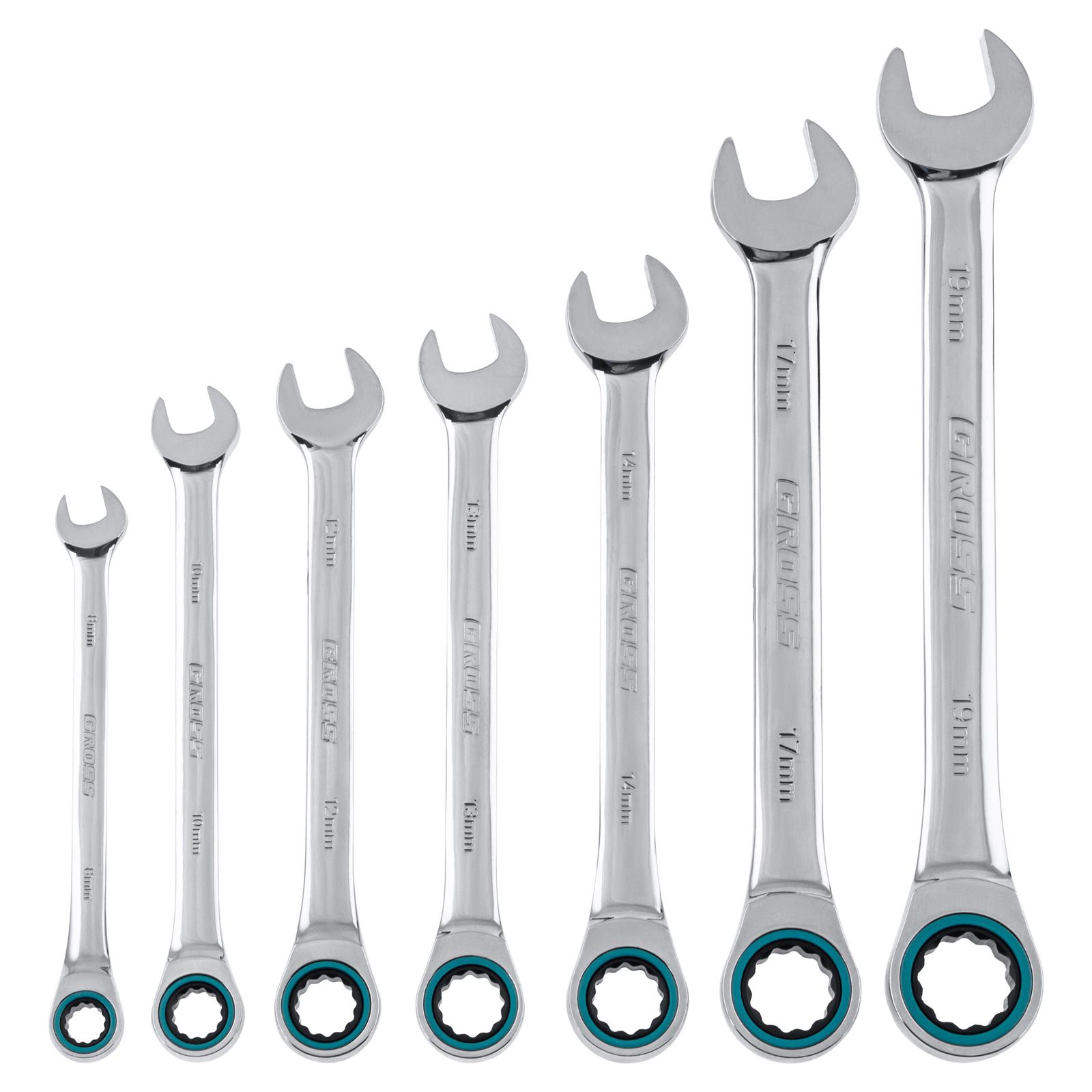Набор ключей комбинированных с трещоткой, 8 - 19 mm, 7шт., CrV Gross 14890