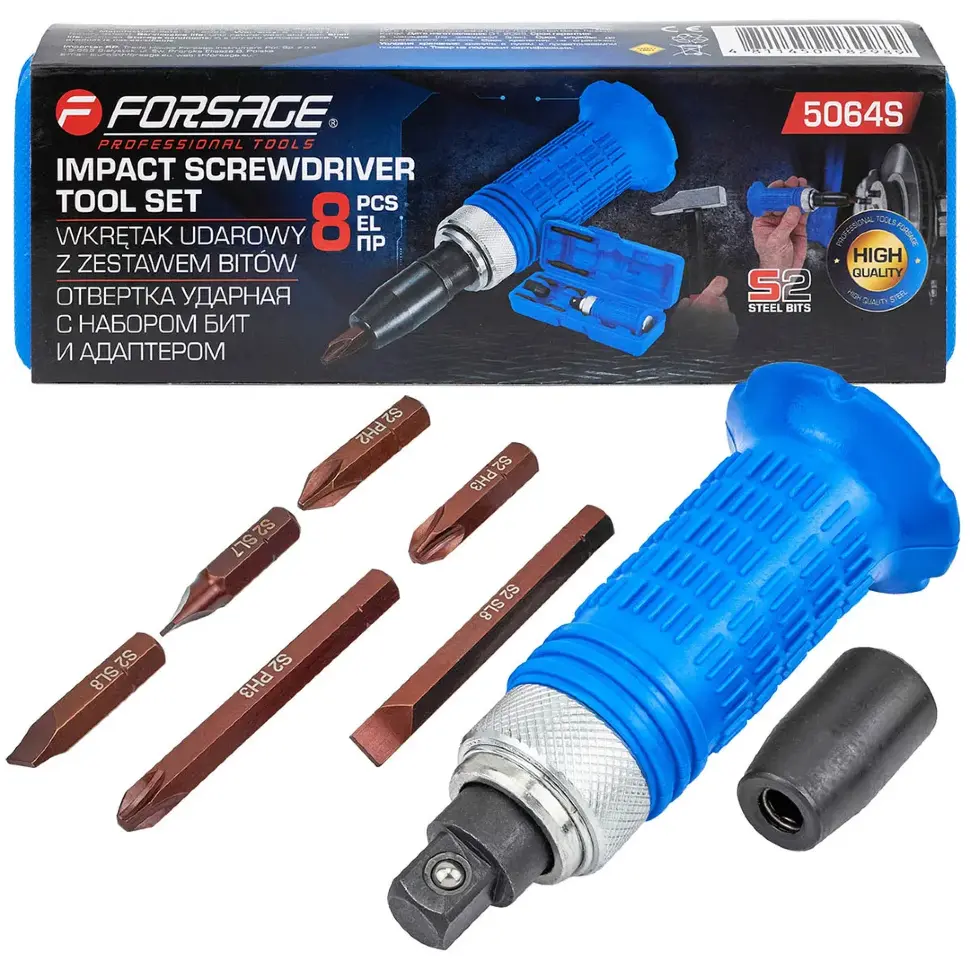 Отвертка ударная с набором бит и адаптером 8пр. Forsage F-5064S