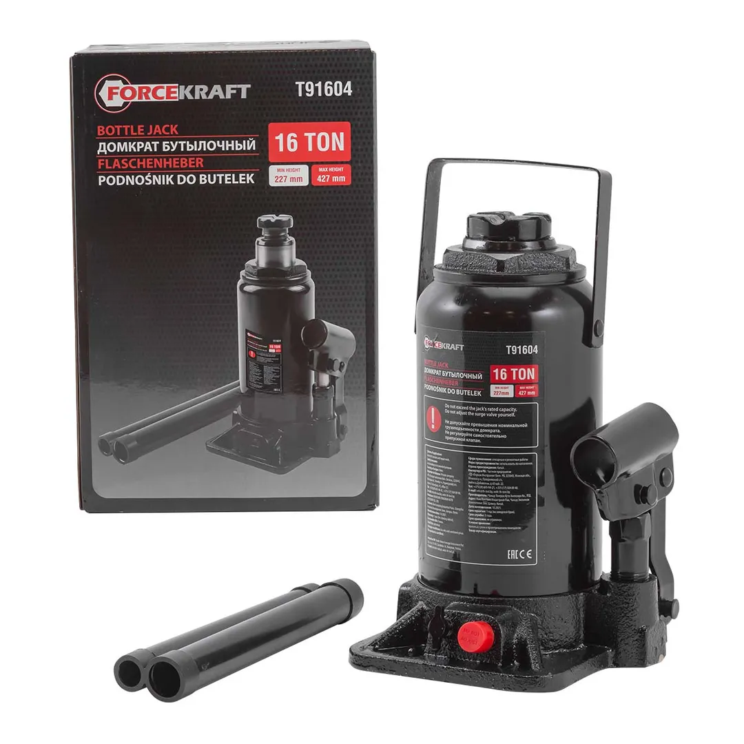 Домкрат бутылочный 16т с клапаном (h min 227мм, h max 427мм) FORCEKRAFT FK-T91604(DS)
