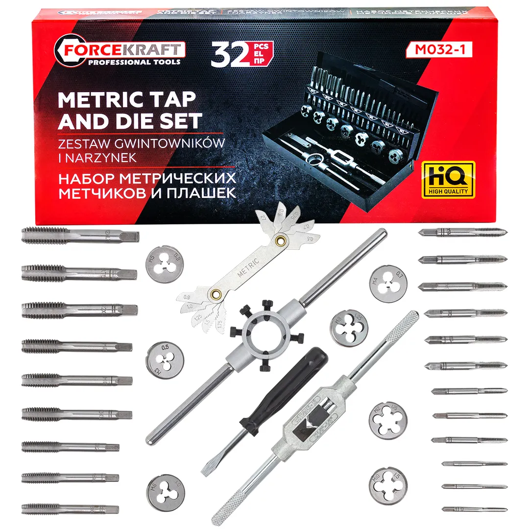 Метчики и плашки, набор 32пр. (метрич.)  FORCEKRAFT FK-M032-1
