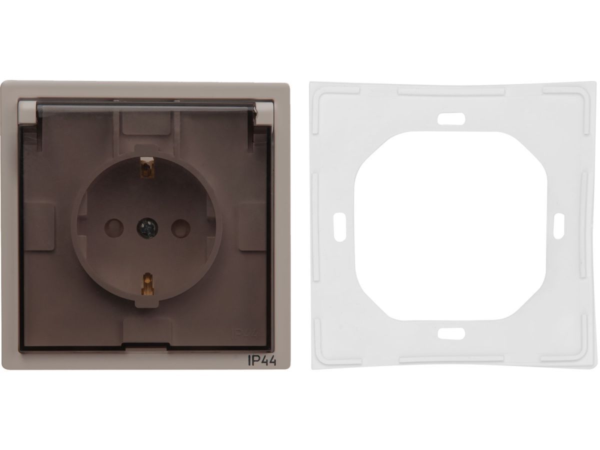 Розетка 1-ая с з/к крышкой прозрачн (скрытая, с/з, з/ш, брызг. защ.) песочная, Carre BYLECTRICA РС16-0636 песочн